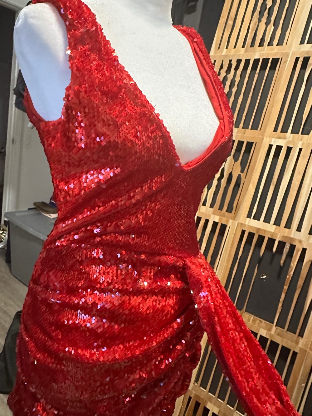 NWT - AKIRA Red Sequin Plunging V-Neck Evening Dress